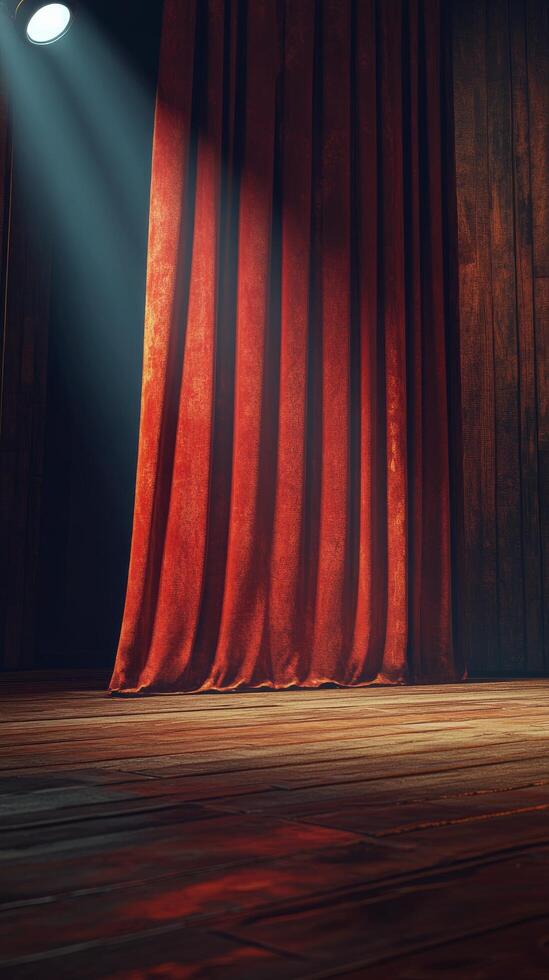 Red velvet curtains illuminated by a spotlight in a wooden theater setting during a performance photo