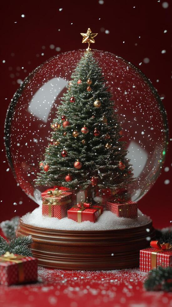 A festive snow globe featuring a decorated Christmas tree and presents set against a red backdrop photo
