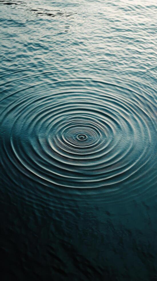 Ripples expanding in dark water under rain creating a calm and tranquil atmosphere photo