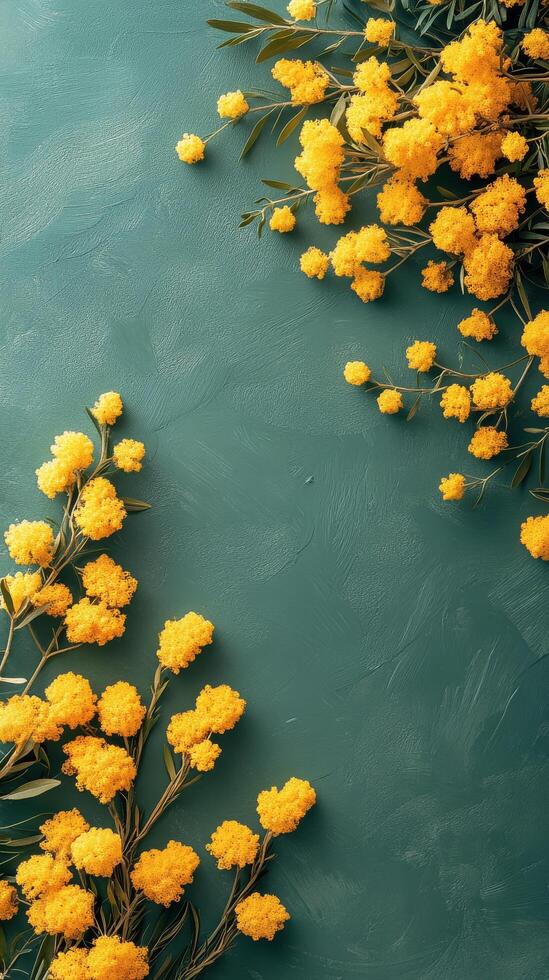 Bright yellow mimosa flowers arranged on a green textured background in a natural setting photo