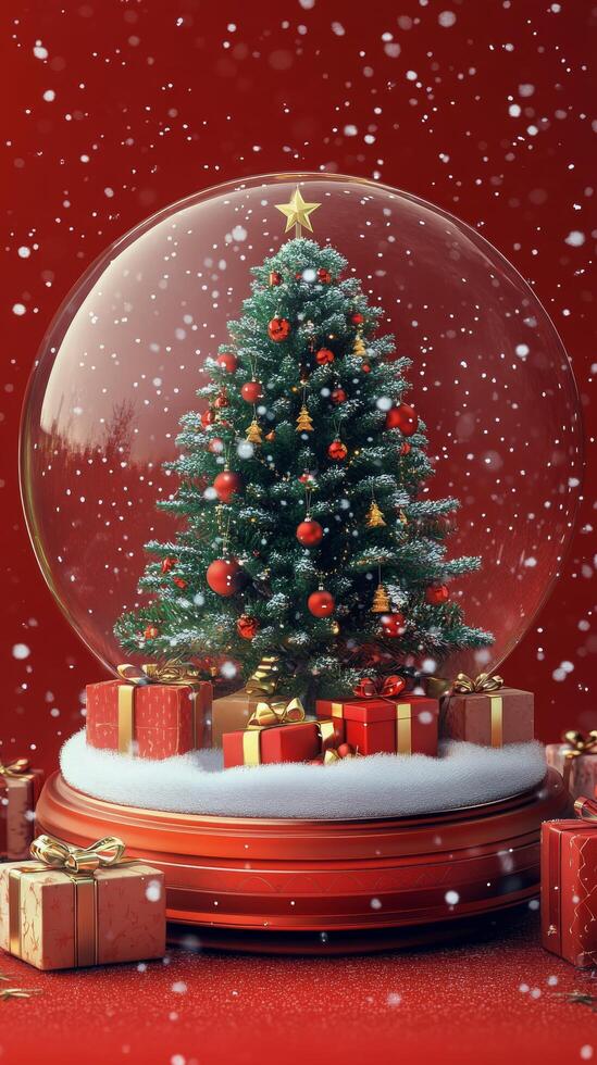 A festive snow globe featuring a decorated Christmas tree and presents set against a red backdrop photo