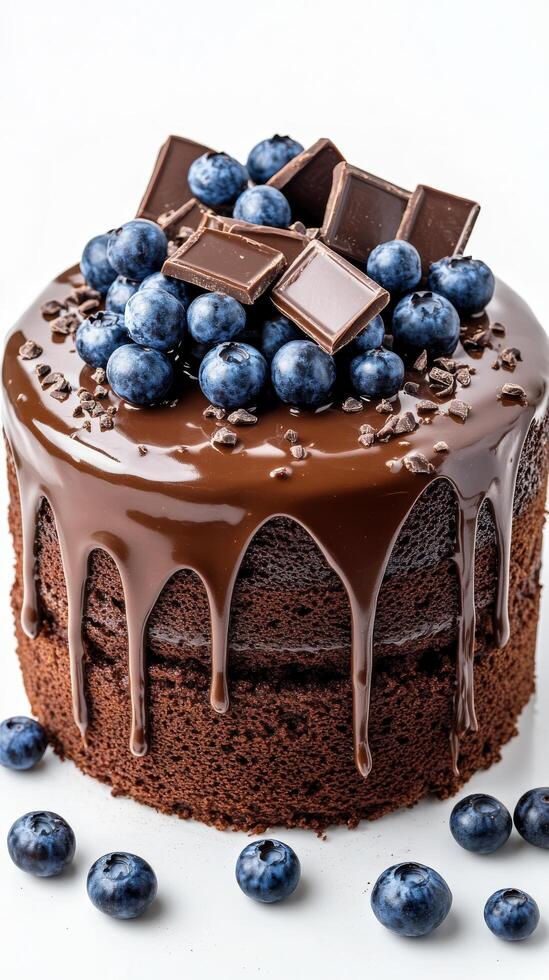 Chocolate cake with blueberries and dripping ganache on a white background photo