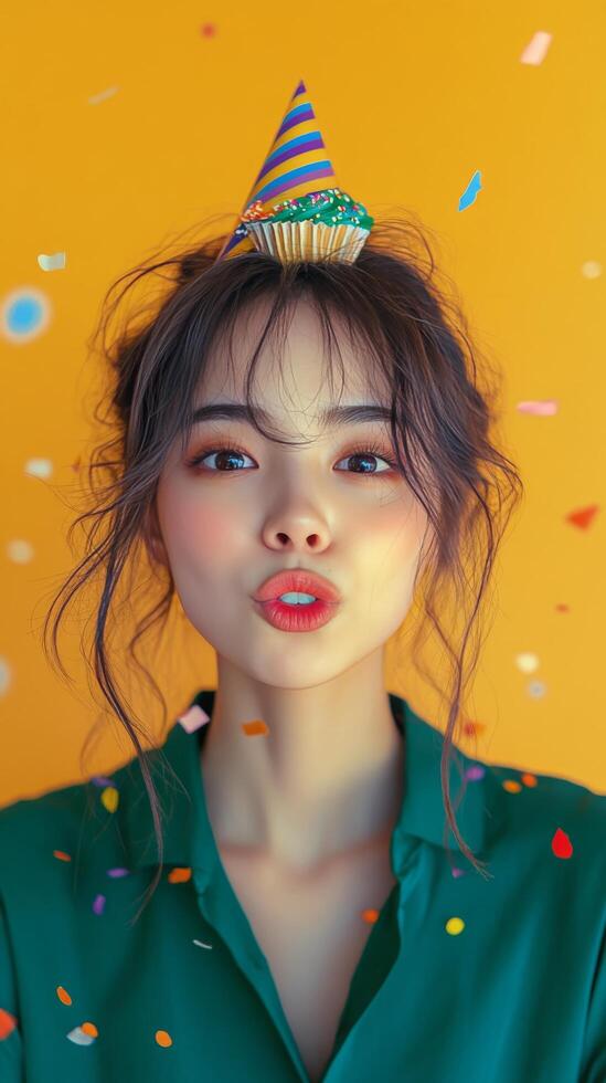 A woman wearing a colorful party hat enjoys a birthday celebration photo