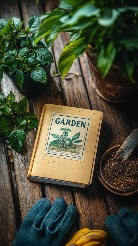 Gardening activities with gloves, plants, and a notebook on a wooden table in early spring photo