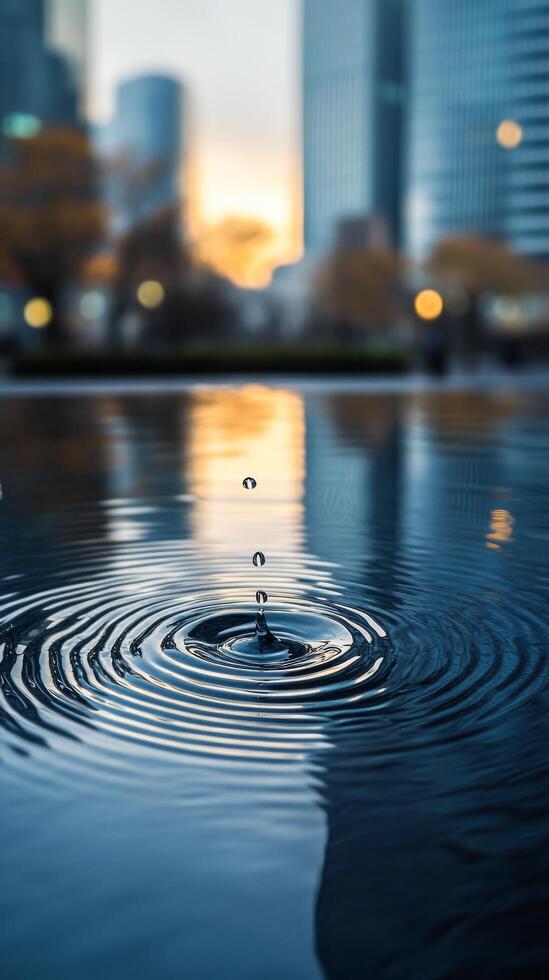 Ripples expanding in dark water under rain creating a calm and tranquil atmosphere photo