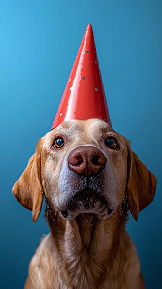 A playful dog wearing a party hat and blowing a horn against a blue background photo