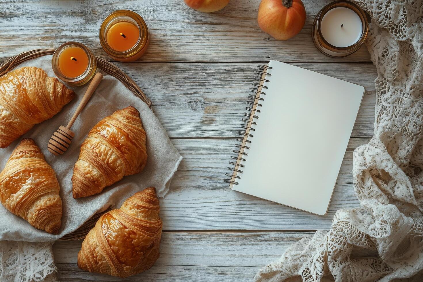 Freshly baked croissants with honey and citrus fruits on a rustic table in soft morning light photo