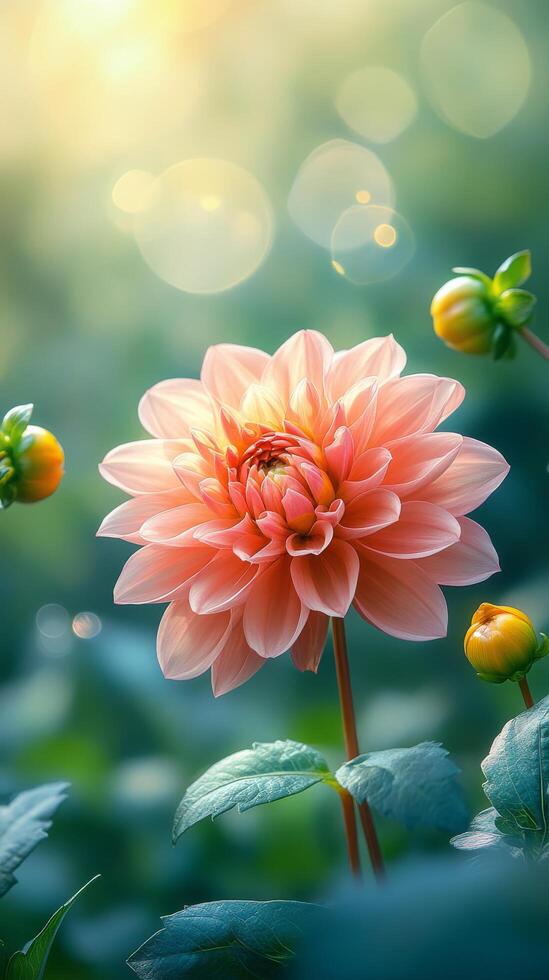 Soft pink dahlia blossoms among vibrant buds in a garden during warm sunlight in spring photo