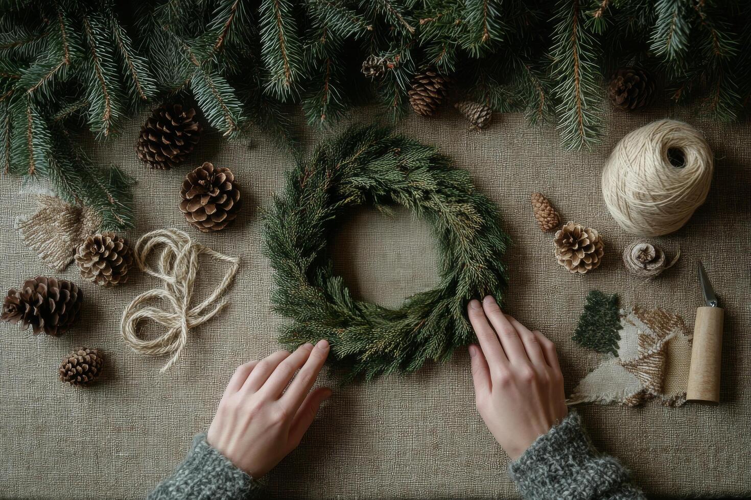 Crafting a natural wreath with pinecones and twine on a wooden table in a cozy workspace photo