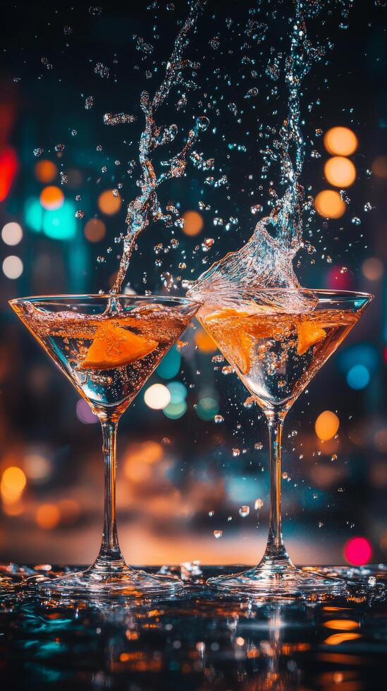 Two martini glasses clinking together with splashes in a dimly lit bar setting at night photo