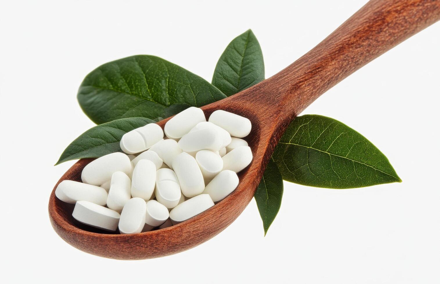 White capsules placed on a wooden spoon alongside green leaves against a plain background photo