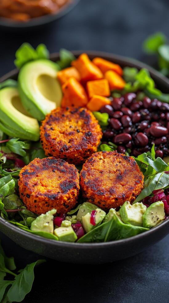 Delicious vegetable patties served with fresh greens and colorful toppings in a modern bowl photo