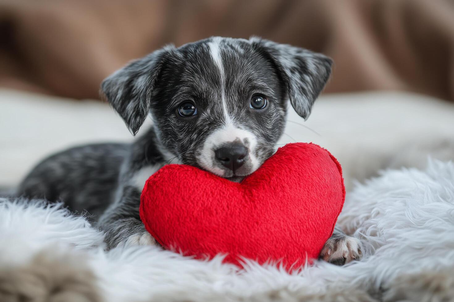 Cute puppy resting on a red cushion in a cozy indoor setting during the day photo