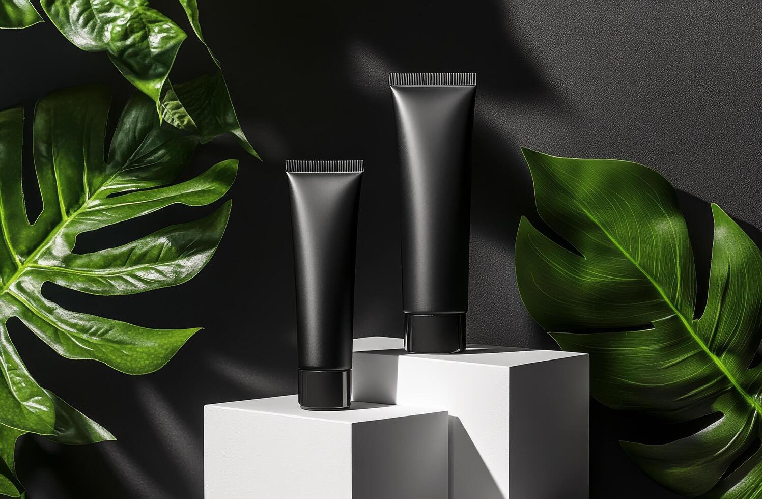 Two black cosmetic tubes displayed on a pedestal with green leaves against a dark background photo