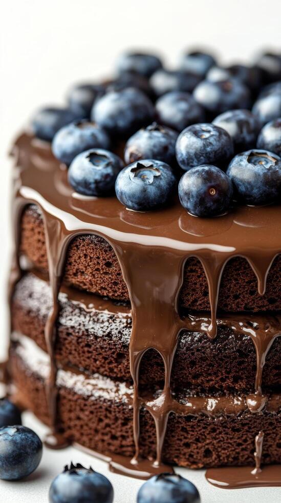 Chocolate cake with blueberries and dripping ganache on a white background photo