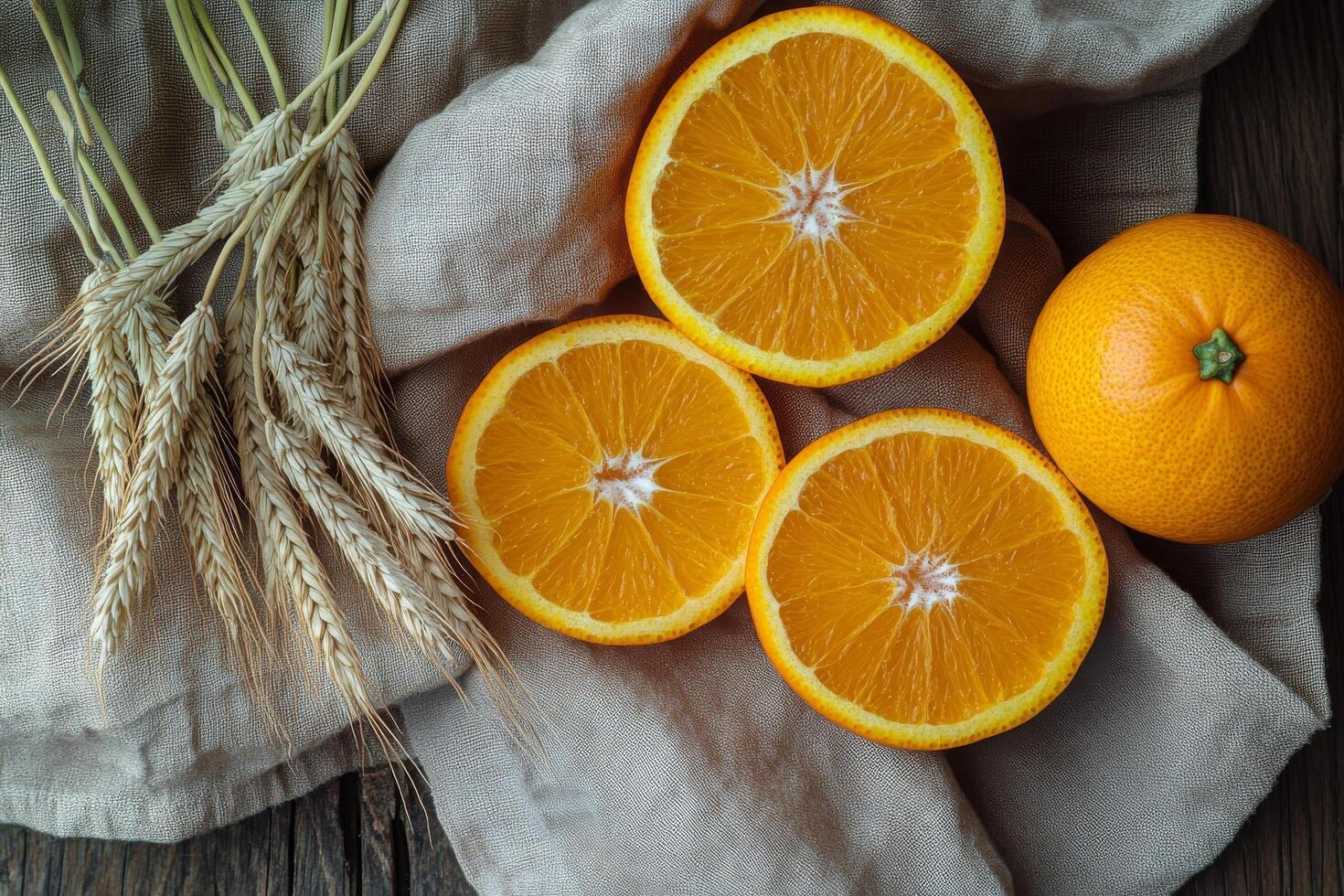 Fresh oranges and wheat arranged beautifully on a rustic wooden table for a healthy snack setting photo