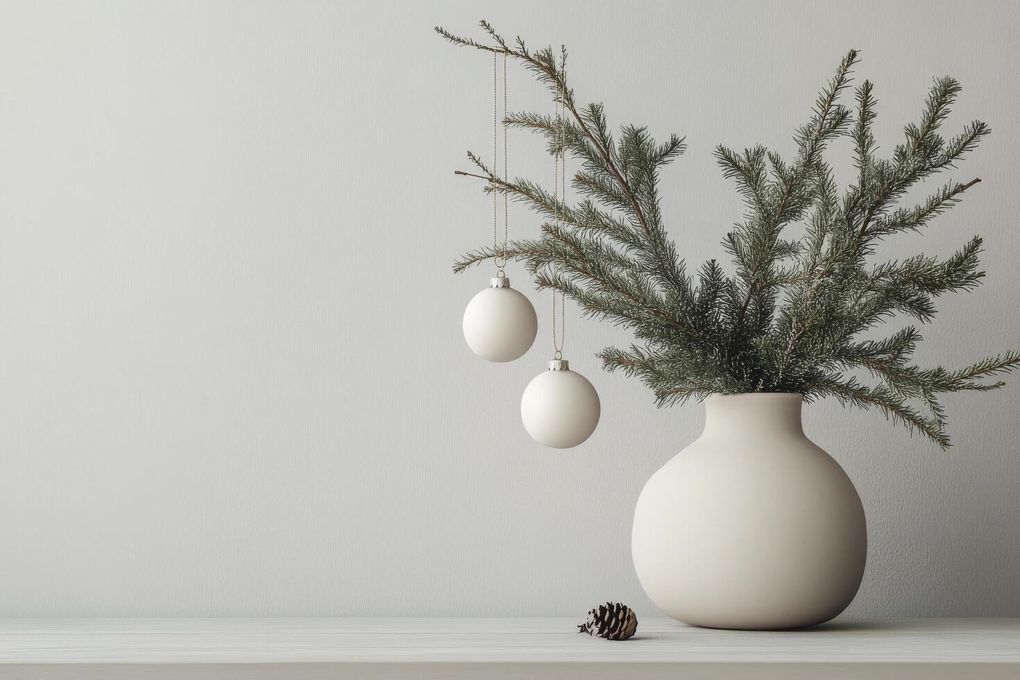 Minimalist holiday decoration with evergreen branches and white ornaments in a modern setting photo