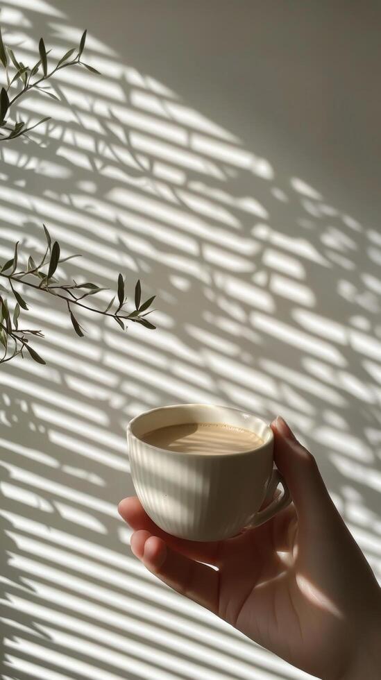 A hand holding a white cup of coffee near a window with sunlight creating striped shadows photo