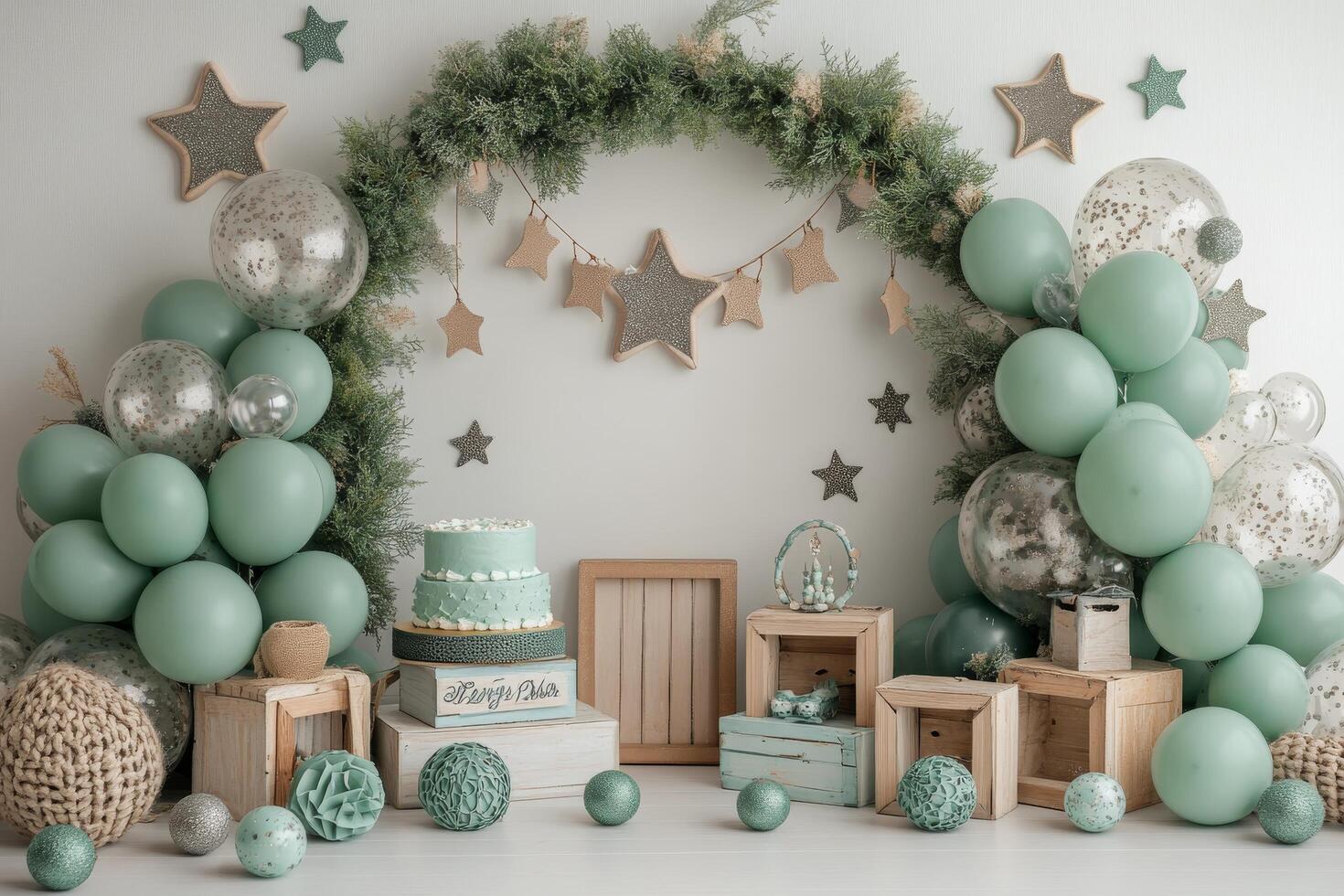 Elegant pastel balloon arch with decorative stars and floral accents for a special event photo