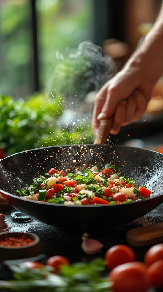 A chef prepares a vibrant vegetable stir fry with fresh ingredients in a cozy kitchen photo