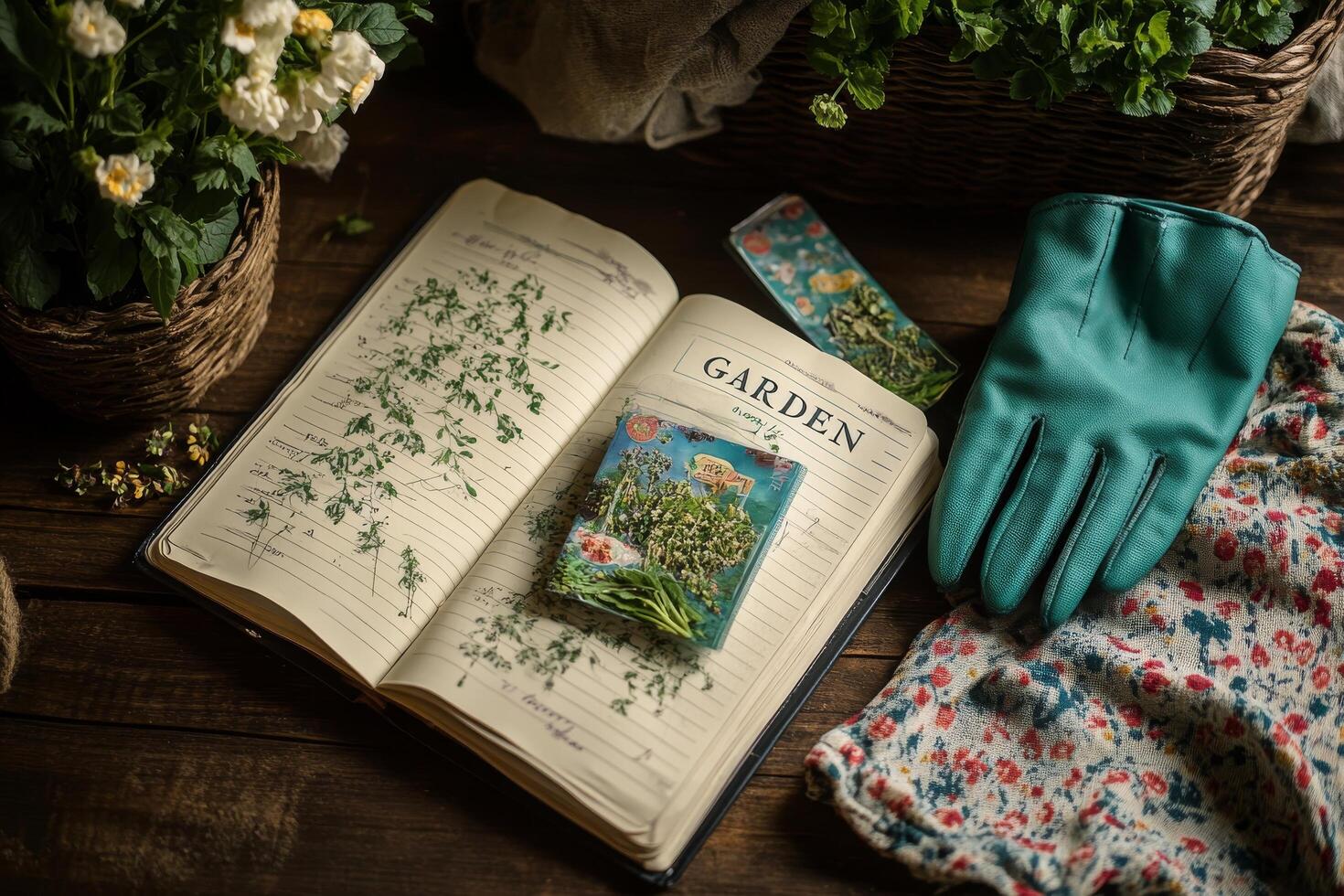 A garden journal rests on an open book surrounded by nature, showcasing gardening notes and tools photo