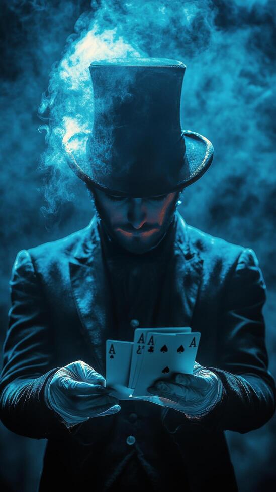 A magician performs a card trick surrounded by shimmering particles in a dimly lit environment photo