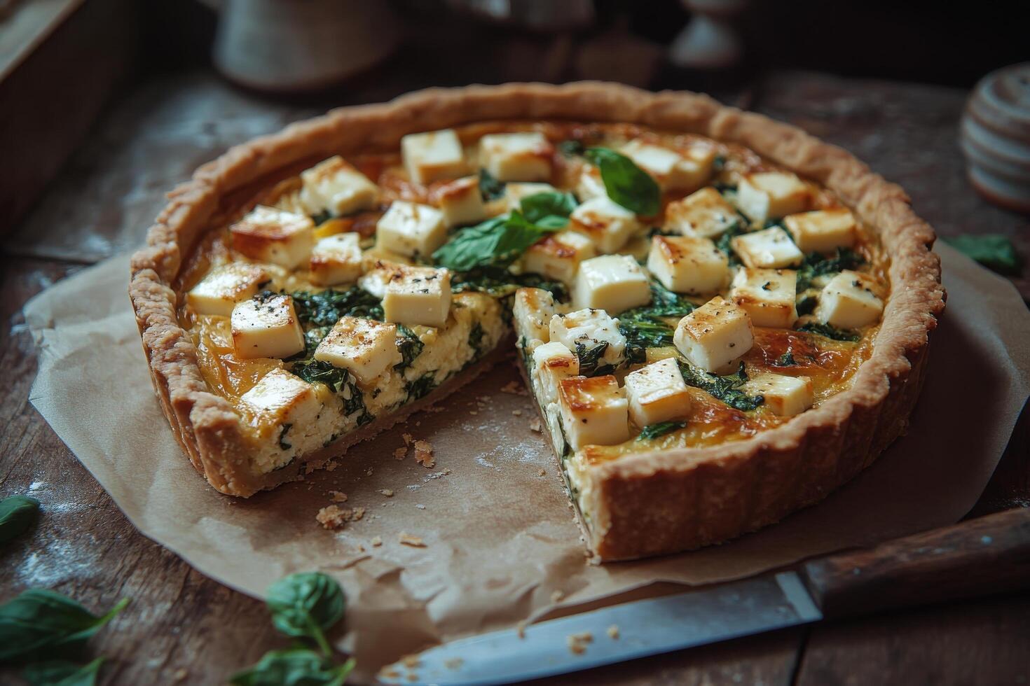 Freshly baked savory tart with spinach and cheese on a rustic wooden table photo