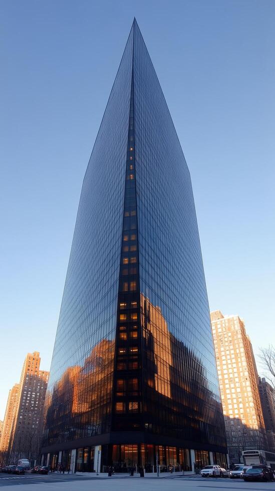 A tall glass skyscraper reflecting city buildings on a clear day in an urban area photo