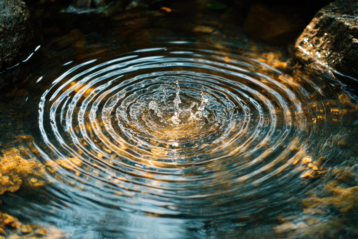 Water droplet creating ripples in a calm, blue surface during a sunny afternoon photo