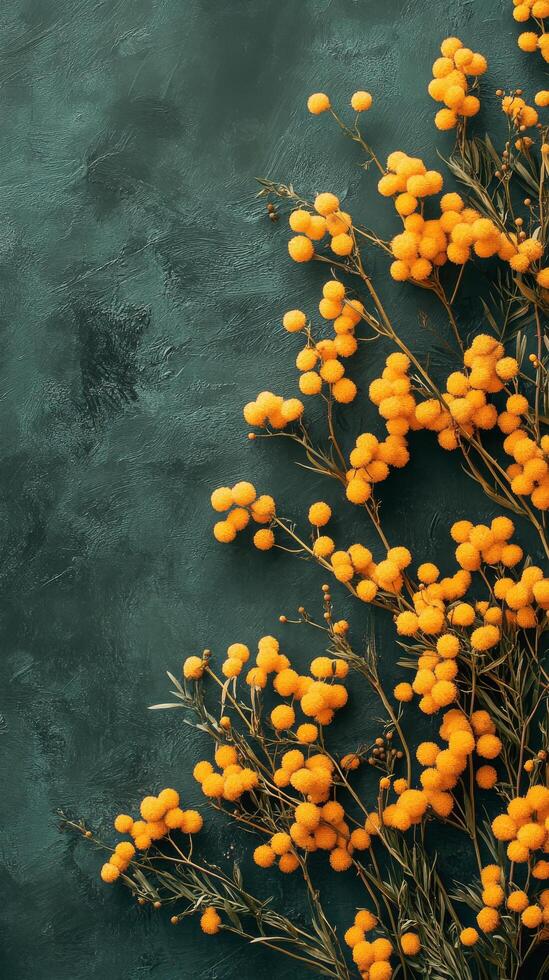 Bright yellow mimosa flowers arranged on a green textured background in a natural setting photo