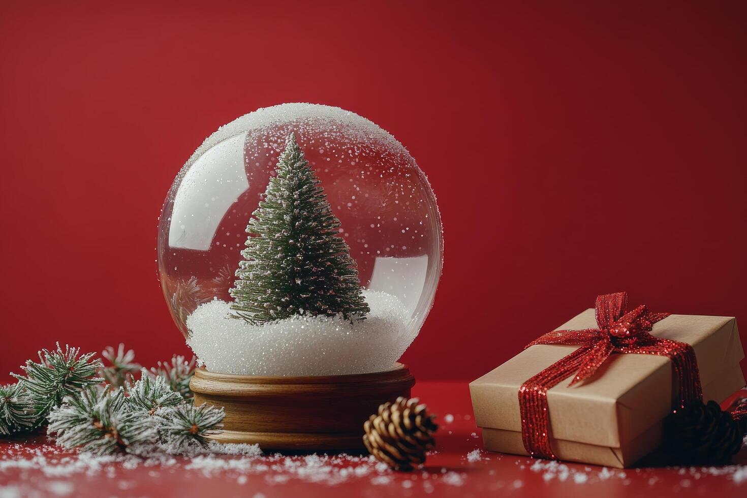 A Christmas snow globe with a tree and a gift placed on a festive red background photo