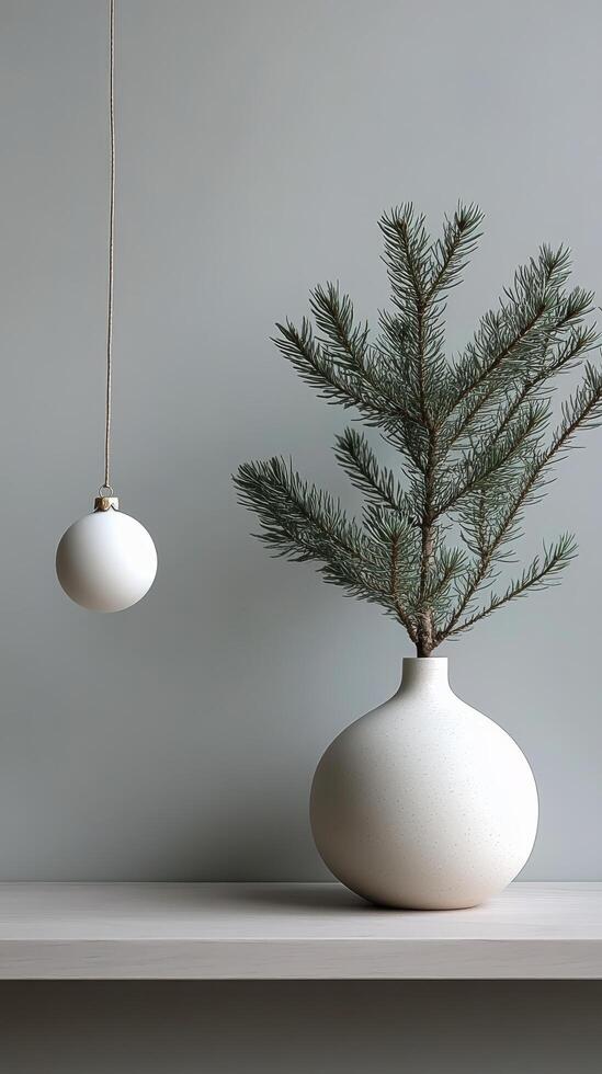 Elegant winter arrangement with evergreen branches and decorative ornaments on a light background photo
