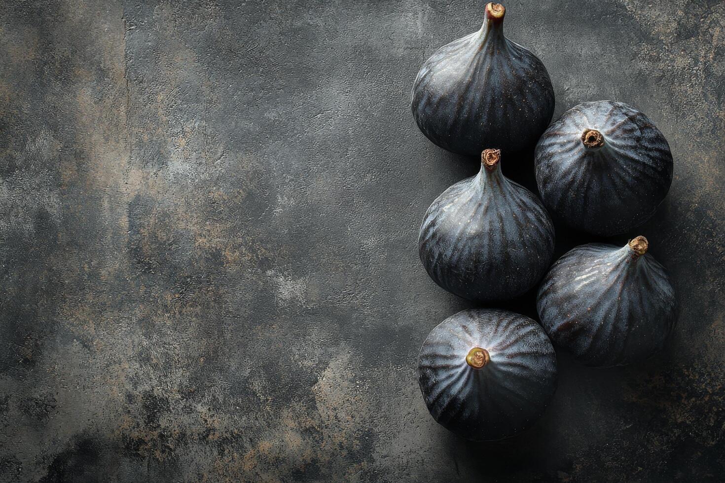 A pyramid of fresh dark figs arranged on a textured surface in a low light setting photo