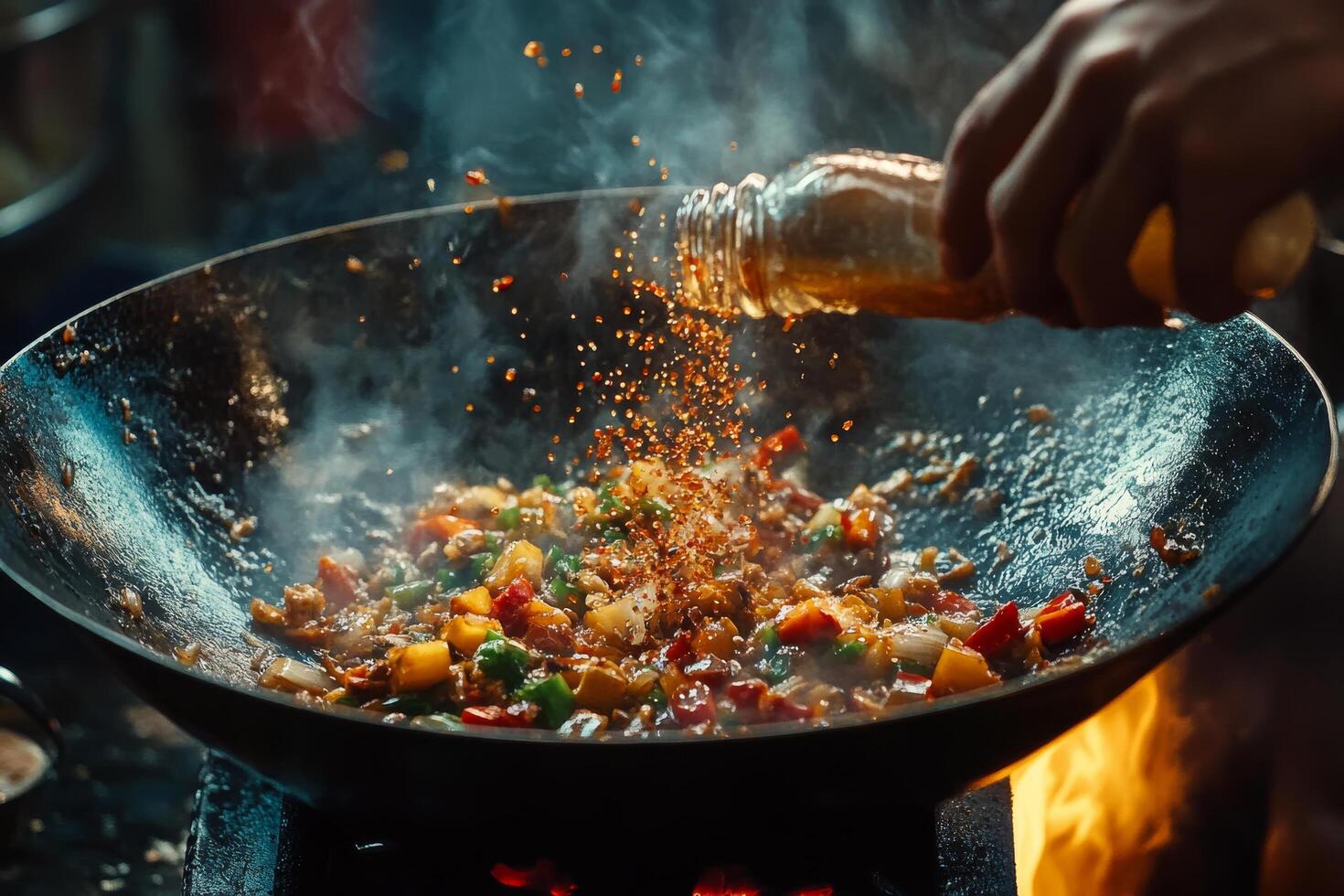 Cooking colorful vegetables in a hot wok while adding spices in a bustling kitchen photo