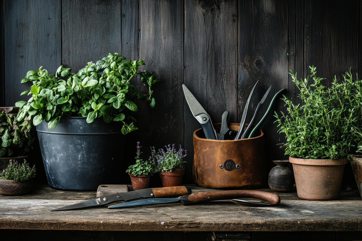 Collection of garden tools and herbs arranged on a rustic wooden shelf indoors photo