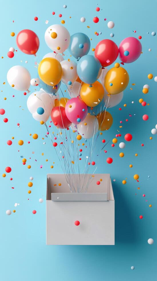 Colorful balloons emerging from a white box against a light blue background photo