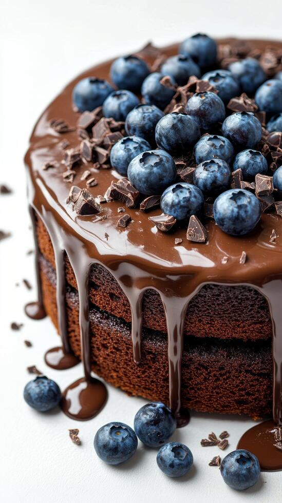 Chocolate cake with blueberries and dripping ganache on a white background photo