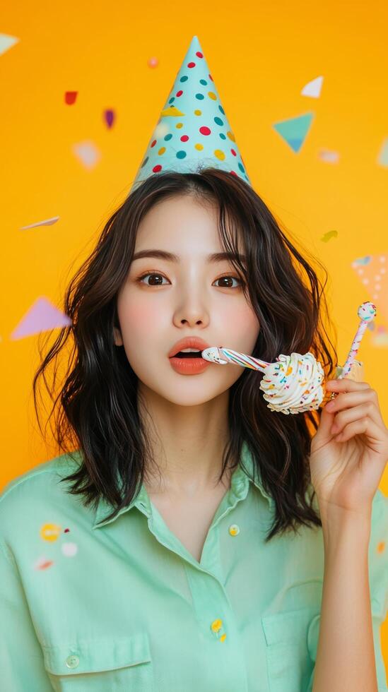 A woman wearing a colorful party hat enjoys a birthday celebration photo