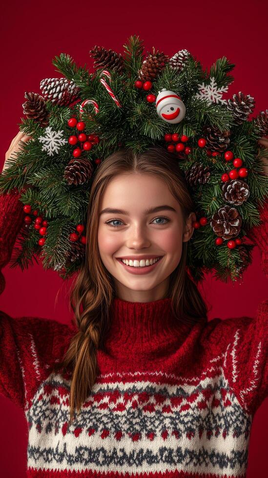 Young woman in a cozy sweater holding a festive holiday wreath on her head indoors photo