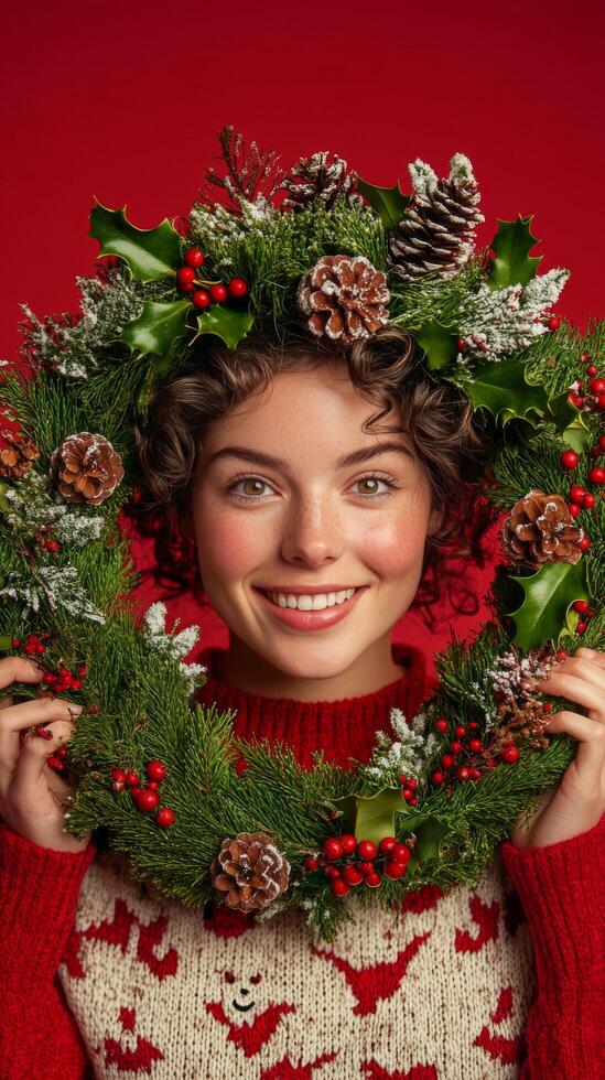 Young woman in a cozy sweater holding a festive holiday wreath on her head indoors photo