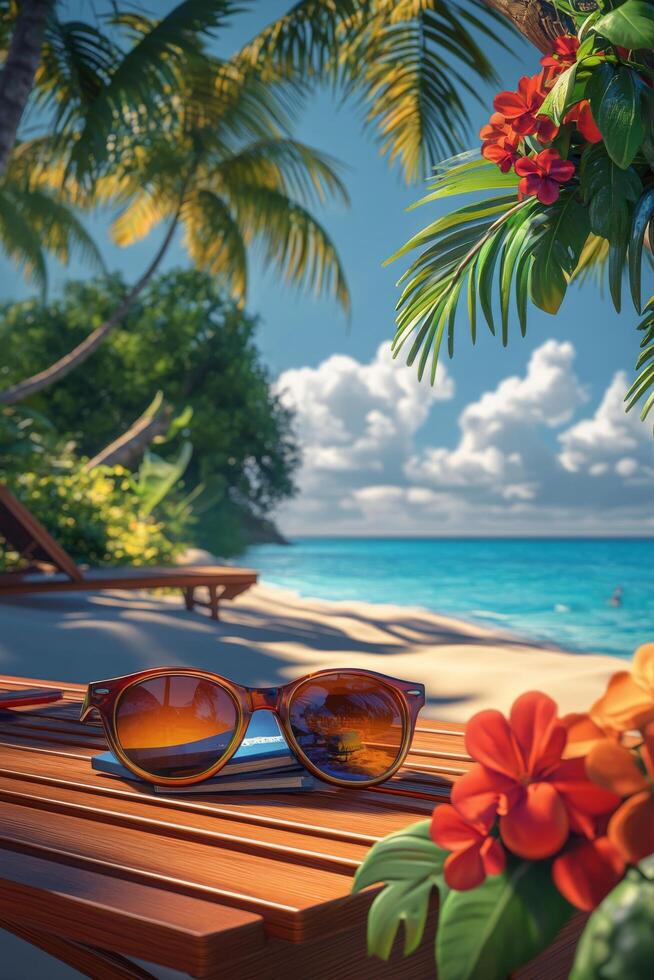 Relaxing under the sun with sunglasses and a book on a beach lounger surrounded by palm trees photo