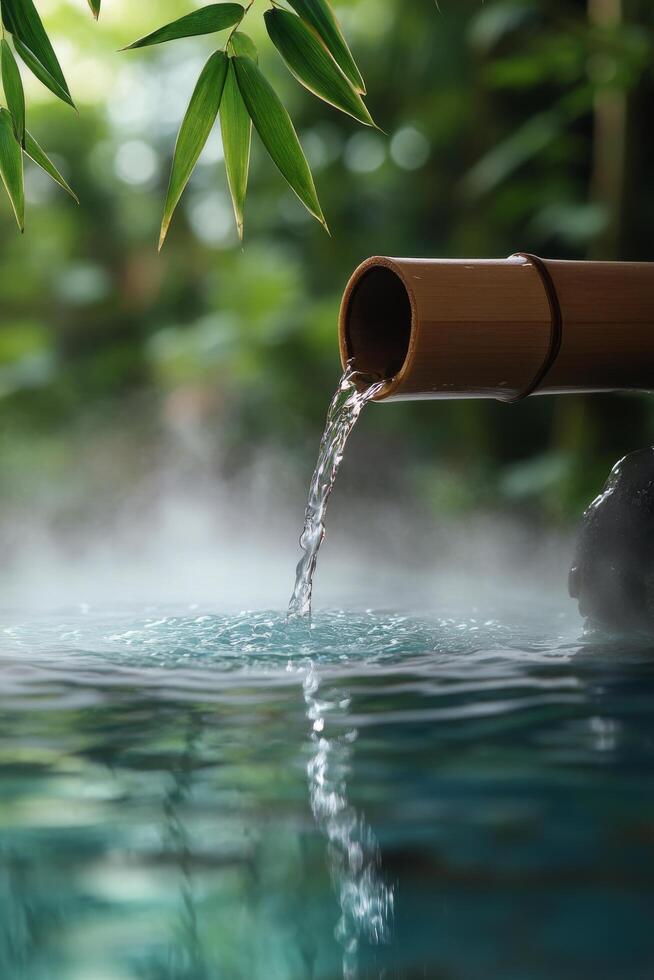 Tranquil bamboo water feature flowing into serene blue pond surrounded by lush greenery photo