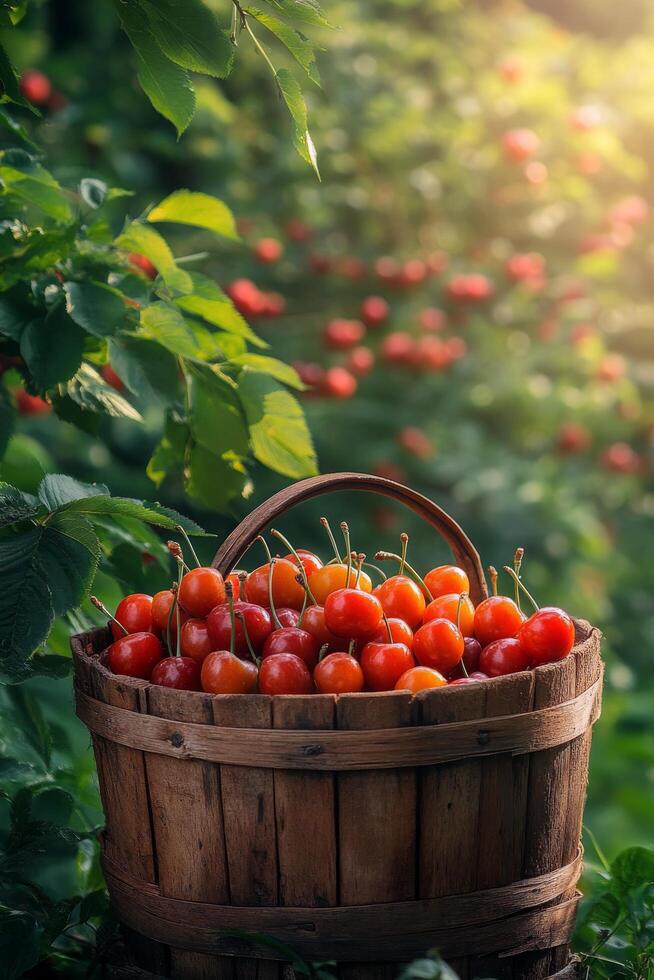 Freshly harvested cherries in a wooden barrel during golden hour in an orchard photo