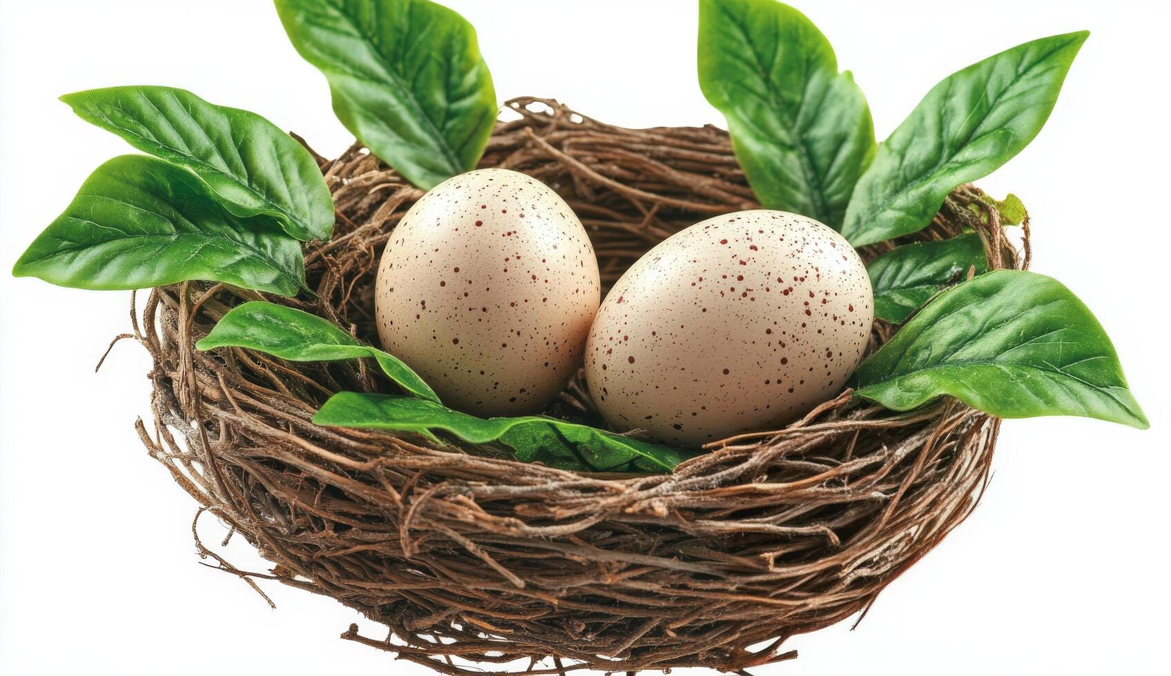Nest with speckled eggs surrounded by green leaves in a natural setting photo