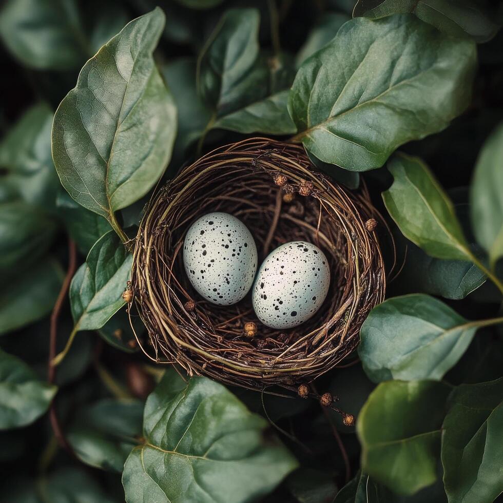 Nest containing two speckled blue eggs resting among green leaves in natural surroundings photo