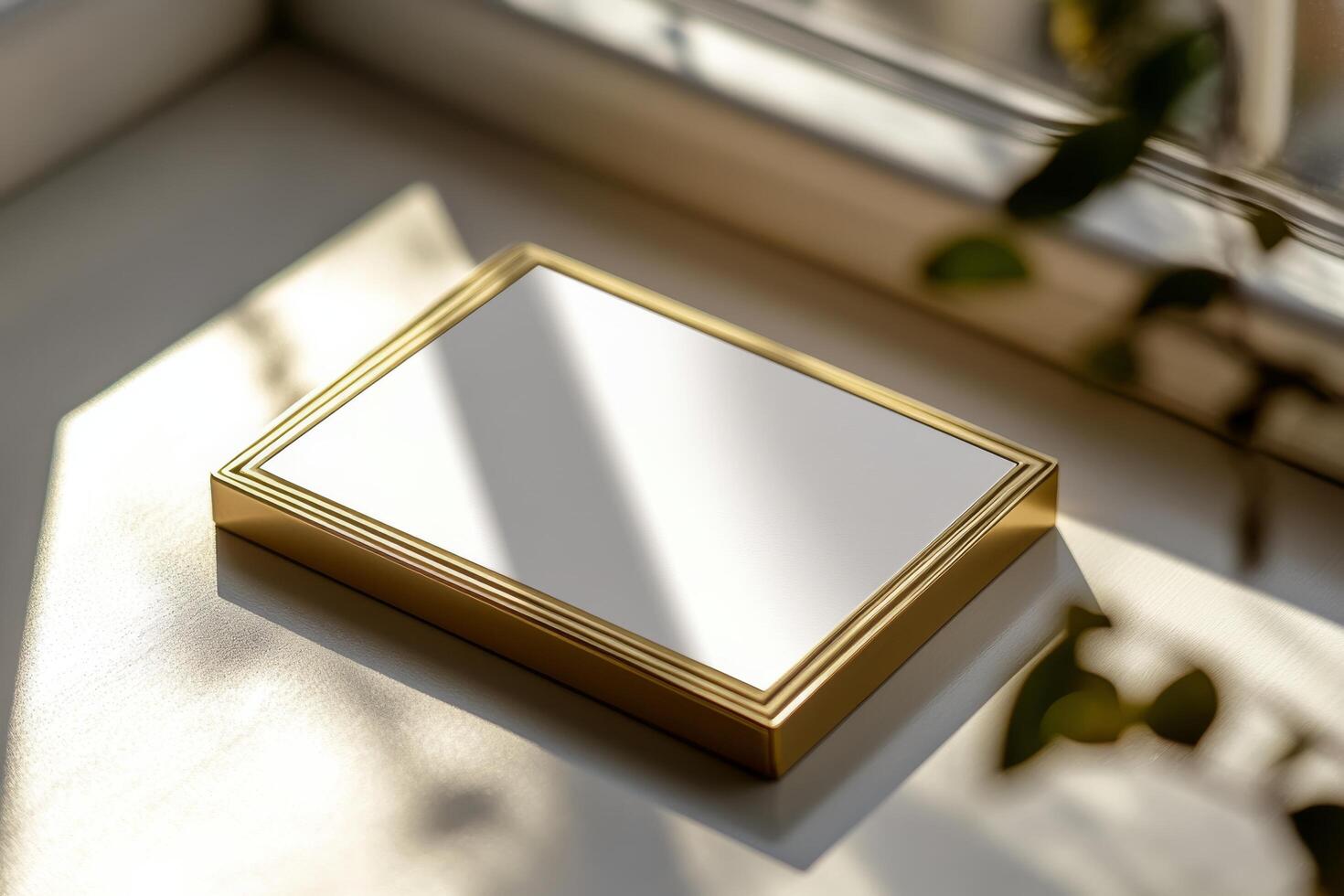 A rectangular gold framed mirror resting on a sunlit windowsill surrounded by greenery photo