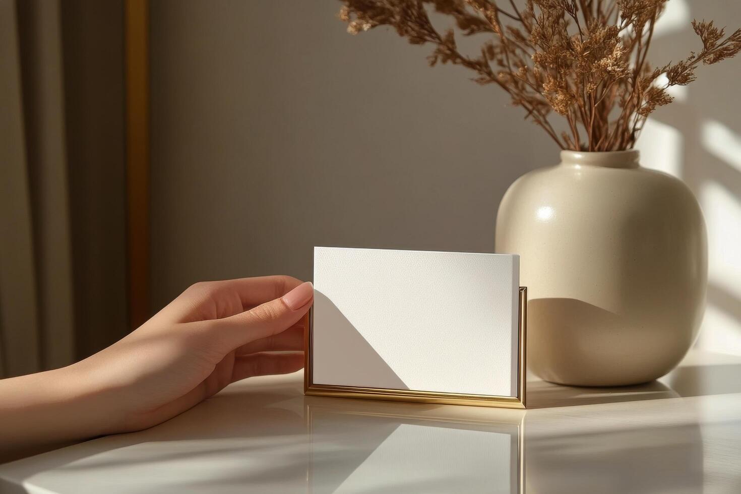 A rectangular gold framed mirror resting on a sunlit windowsill surrounded by greenery photo