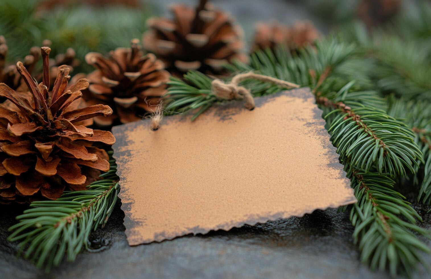 Natural holiday decorations featuring pinecones and a blank tag for personalization during winter photo