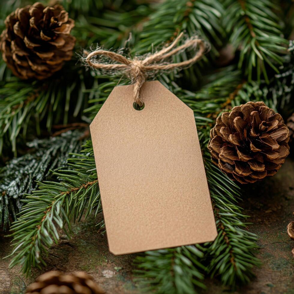 Blank tag surrounded by pine cones and evergreen branches for holiday decoration photo