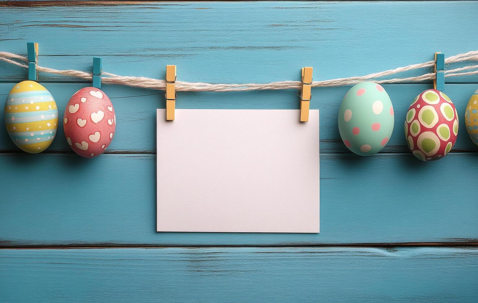 Colorful Easter eggs hanging on a string against a blue wooden backdrop with a blank card photo